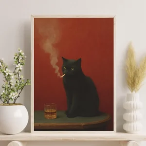 Cartaz Engraçado de Gato Preto Fumando - Decoração Retro para Casa