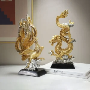 Escultura de Dragão e Fênix em Resina para Decoração de Ambientes - Modelo 3 - 2 Peças