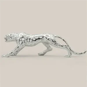 Escultura Abstrata de Pantera Dourada em Resina - Decoração Moderna - Prata, 41cm