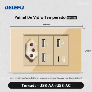 Interruptor de Luz com Tomada e USB - Vidro Temperado Dourado - Brasil AA AC, 20A