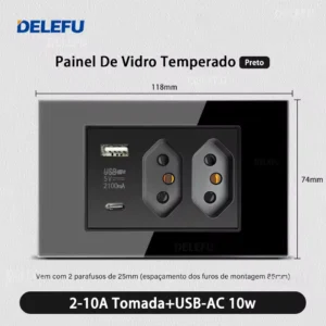 Tomada de Parede Integrada com USB Tipo C - Módulo Triplo Preto - 2Brasil AC, 20A-350853