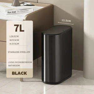 Lixeira Pequena com Tampa de Pressão em Aço Inoxidável para Casa e Cozinha - 7L Preto
