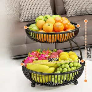 Cesto de Frutas Multicamadas em Ferro - Organizador de Mesa Elegante - Preto Estético - Grande de Dois Níveis - Suporte de Exibição de Frutas em Níveis