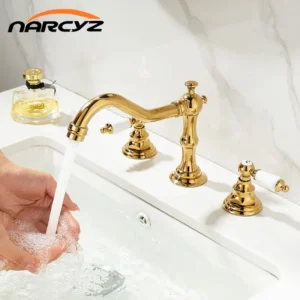 Torneira de Banheiro Dourada com Água Quente e Fria - Design Clássico