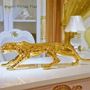 Escultura Abstrata de Pantera Dourada em Resina - Decoração Moderna