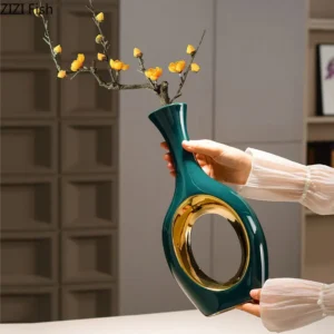Vaso de Cerâmica Verde Banhado a Ouro para Decoração de Mesa