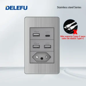 Tomada de Parede Dupla USB Tipo C 10A 20A - Aço Inoxidável - Brasil AA AC, 10A