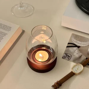 Castiçal de Vidro Transparente com Base de Madeira para Decoração - Transparente