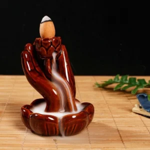 Incensário de Refluxo em Cerâmica Preta com Mão de Buda e Lótus Vermelho - PRETO