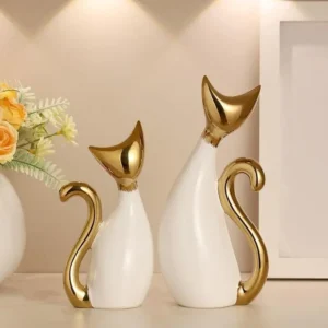 Escultura de Gato Cerâmica Moderna para Decoração de Casa e Escritório - Modelo 1 - 2 Peças
