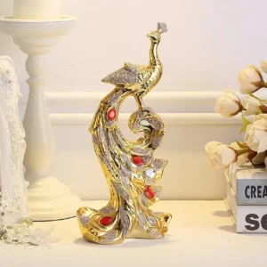 Escultura de Fênix Dourada em Cerâmica para Decoração de Ambientes