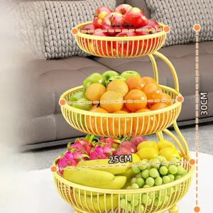 Cesto de Frutas Multicamadas em Ferro - Organizador de Mesa Elegante - Dourado Luxuoso - Suporte para Exposição de Frutas em Três Níveis Pequenos