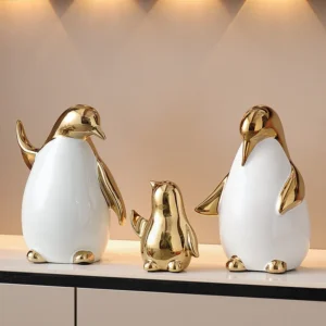 Escultura de Pinguim Dourado em Cerâmica para Decoração Moderna