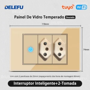 Interruptor de Luz com Tomada e USB - Vidro Temperado Dourado - Interruptor Inteligente 2BR, 10A