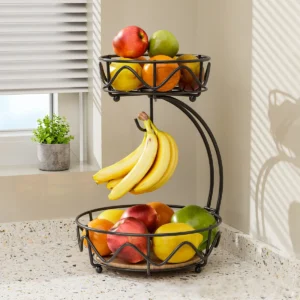 Cesta de Frutas de 2 Níveis com Gancho para Banana - Organizador de Cozinha