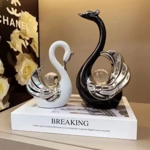 Ornamento de Cisnes em Cerâmica com Cristais - Decoração Luxuosa