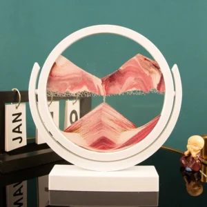 Ampulheta 3D de Vidro Dinâmica para Decoração e Presentes - Rosa com Moldura Branca