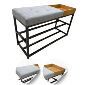 Sapateira Banco Banquinho Estofado Para Casa 80cm Aparador Luxo - Estrutura Preta/Assento Cinza