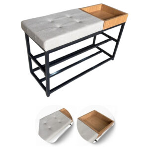 Sapateira Banco Banquinho Estofado Para Casa 80cm Aparador Luxo - Estrutura Preta/Assento Linho