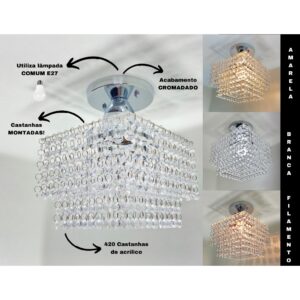 Lustre Plafon Cristal Acrílico 02 Placas Quadrado Promoção