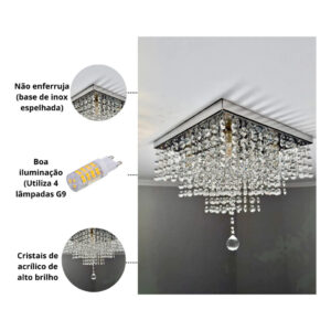 Lustre De Cristal Acrilico 30x30 Inox Espelhado Sala De Jantar/ Estar/ Quarto Vai Montado