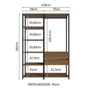 Guarda-Roupa Closet Modulado Valencia 2 Gavetas 129cm Rustic/Preto Madesa