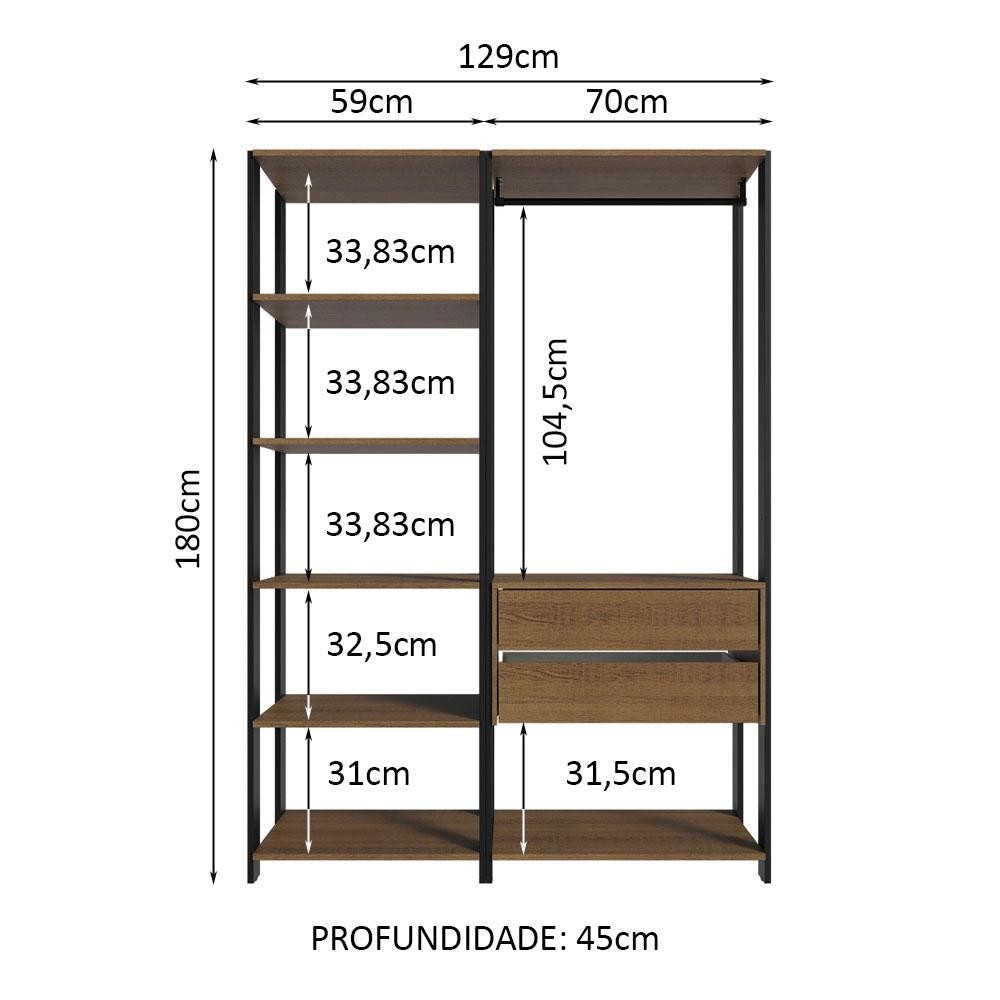 Guarda-Roupa Closet Modulado Valencia 2 Gavetas 129cm Rustic/Preto Madesa