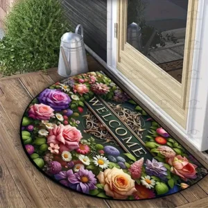 Tapete Antiderrapante Floral Semi-Circular para Cozinha e Entrada