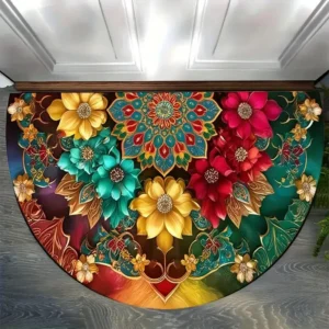 Tapete Antiderrapante Floral Semi-Circular para Cozinha e Entrada - Cor Floral 6, 40x60cm 16x24 polegadas