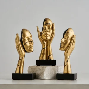 Conjunto de 3 Esculturas de Rosto em Resina Dourada para Decoração