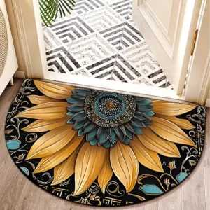 Tapete Antiderrapante Floral Semi-Circular para Cozinha e Entrada - Cor Floral 7, 40x60cm 16x24 polegadas