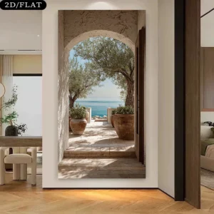 Quadro de Arte em Lona com Árvores de Oliveira e Oceano - Decoração Moderna