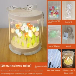 Luminária DIY de Tulipas: Caixa de Bolo com Flores Artificiais, Luminária de Mesa para Quarto, Decoração Artesanal, Luz Noturna de Tulipas, Presente de Aniversário - MC2