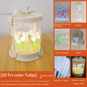 Luminária DIY de Tulipas: Caixa de Bolo com Flores Artificiais, Luminária de Mesa para Quarto, Decoração Artesanal, Luz Noturna de Tulipas, Presente de Aniversário - MC1