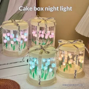 Luminária DIY de Tulipas: Caixa de Bolo com Flores Artificiais, Luminária de Mesa para Quarto, Decoração Artesanal, Luz Noturna de Tulipas, Presente de Aniversário