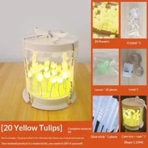 Luminária DIY de Tulipas: Caixa de Bolo com Flores Artificiais, Luminária de Mesa para Quarto, Decoração Artesanal, Luz Noturna de Tulipas, Presente de Aniversário - Amarelo