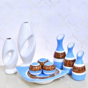 Kit Conjunto 9 Peças Vasos Cerâmica Enfeite Sala Cozinha Completo Decorativas Trio Rack Centro Mesa - TURQUESA DS 9PÇS