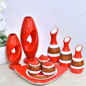 Kit Conjunto 9 Peças Vasos Cerâmica Enfeite Sala Cozinha Completo Decorativas Trio Rack Centro Mesa - VERMELHO DS 9PÇS