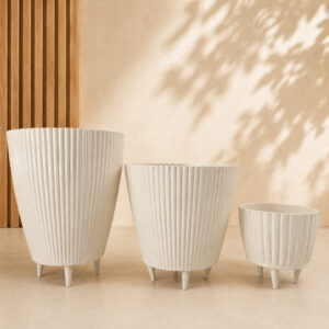 Kit Combo 3 Vasos Canelados com Pés Coluna + Bojo + Cachepot Decorativo para Plantas Jardim Sala