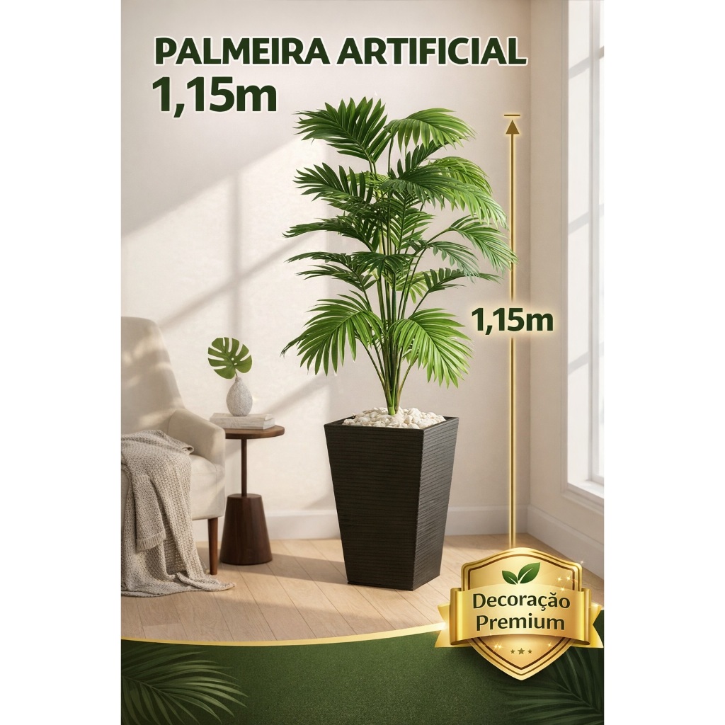 Palmeira Artificial Grande 1,15m com Vaso Decorativo – Planta Artificial Realista para Sala e Escritório