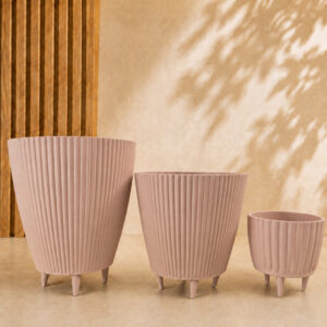 Kit Combo 3 Vasos Canelados com Pés Coluna + Bojo + Cachepot Decorativo para Plantas Jardim Sala - Rose Nude