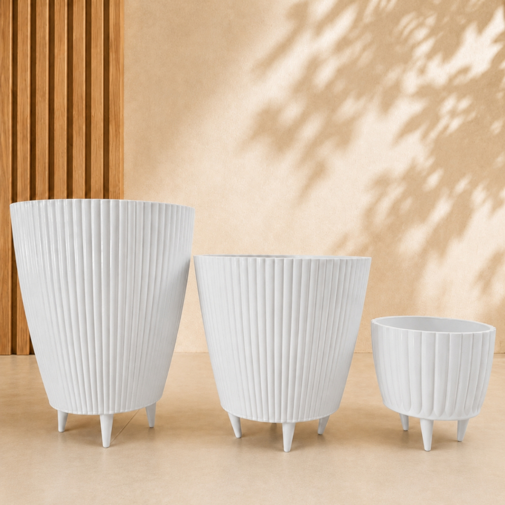 Kit Combo 3 Vasos Canelados com Pés Coluna + Bojo + Cachepot Decorativo para Plantas Jardim Sala