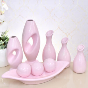 Kit Conjunto 9 Peças Vasos Cerâmica Enfeite Sala Cozinha Completo Decorativas Trio Rack Centro Mesa - ROSA LISO 9PÇS