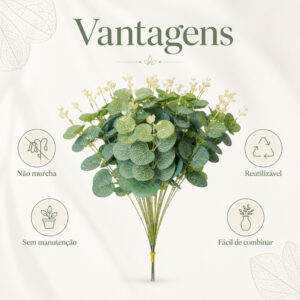 Kit 15 Galhos de Eucalipto Artificial, Folhagem Verde Decorativa para Vaso, Arranjo Floral, Casa, Festa e Casamento