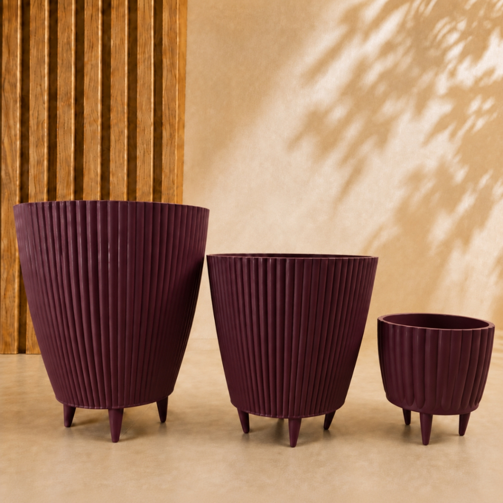 Kit Combo 3 Vasos Canelados com Pés Coluna + Bojo + Cachepot Decorativo para Plantas Jardim Sala