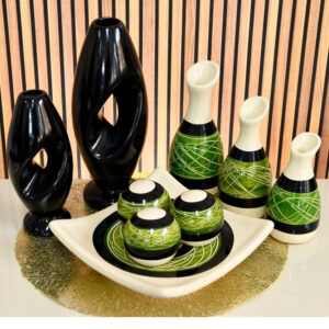 Kit Conjunto 9 Peças Vasos Cerâmica Enfeite Sala Cozinha Completo Decorativas Trio Rack Centro Mesa