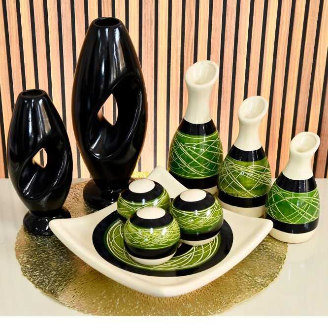 Kit Conjunto 9 Peças Vasos Cerâmica Enfeite Sala Cozinha Completo Decorativas Trio Rack Centro Mesa