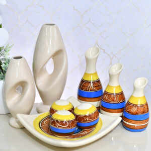 Kit Conjunto 9 Peças Vasos Cerâmica Enfeite Sala Cozinha Completo Decorativas Trio Rack Centro Mesa - AZUL AMARELO DS 9PÇS