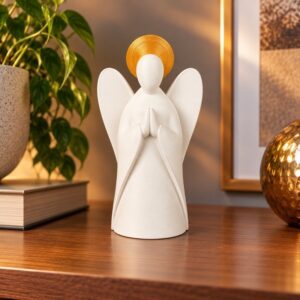Anjo Decorativo 9cm Branco com Dourado – Anjo da Guarda Minimalista para Decoração e Oração