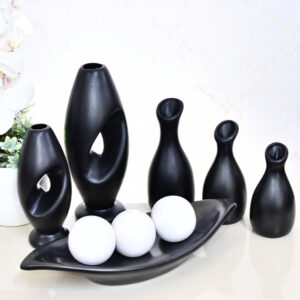 Kit Conjunto 9 Peças Vasos Cerâmica Enfeite Sala Cozinha Completo Decorativas Trio Rack Centro Mesa - PRETO BRANCO LISO 9PÇS